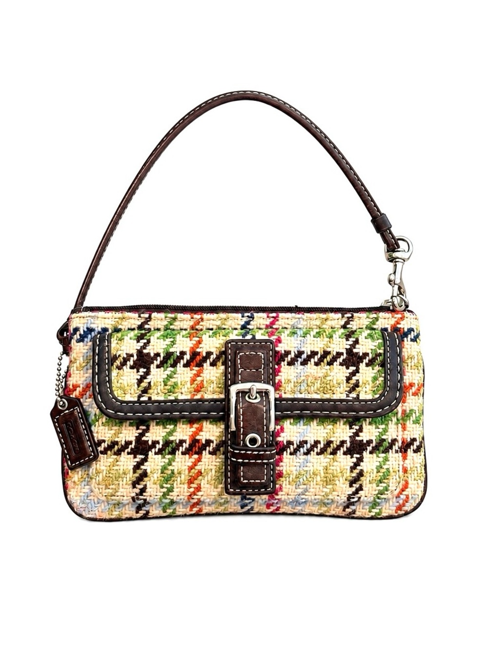 Vintage Coach Multicolor Tweed Wristlet with Brown Leather Trim